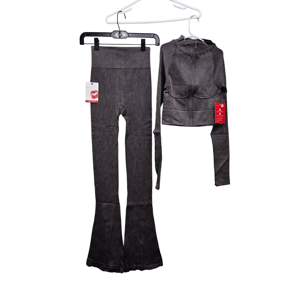 Hot Kiss 2 Piece Set Women S/M Brown Ribbed Flare Leggings Crop Zip Jacket Set